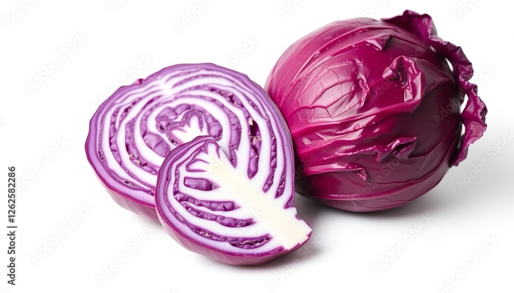 A Close-Up of Two Halves of a Fresh Purple Cabbage with Waterdrops, Revealing Its Vibrant Purple Color and Intricate Patterns - Detailed and Nutritious Vegetable Art A Close-Up of Two Halves of a Fresh Purple Cabbage with Waterdrops, Revealing Its Vibrant Purple Color and Intricate Patterns - Detailed and Nutritious Vegetable Art