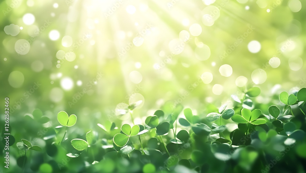 Fototapeta premium Sunlit clover field with a soft dreamy glow evoking a sense of nature's tranquility and the freshness of spring perfect for backgrounds or designs that need a touch of natural beauty