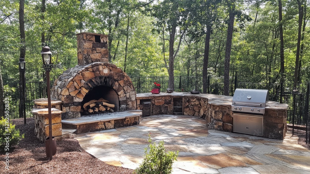 A traditional wood-fired pizza oven with a freshly baked Margherita pizza. A traditional wood-fired pizza oven with a freshly baked Margherita pizza.