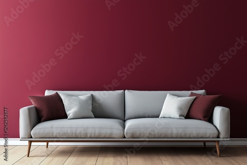 Modern living room mockup featuring a stylish gray sofa positioned against a rich burgundy wall, ideal for contemporary interior design inspiration and decor ideas photo