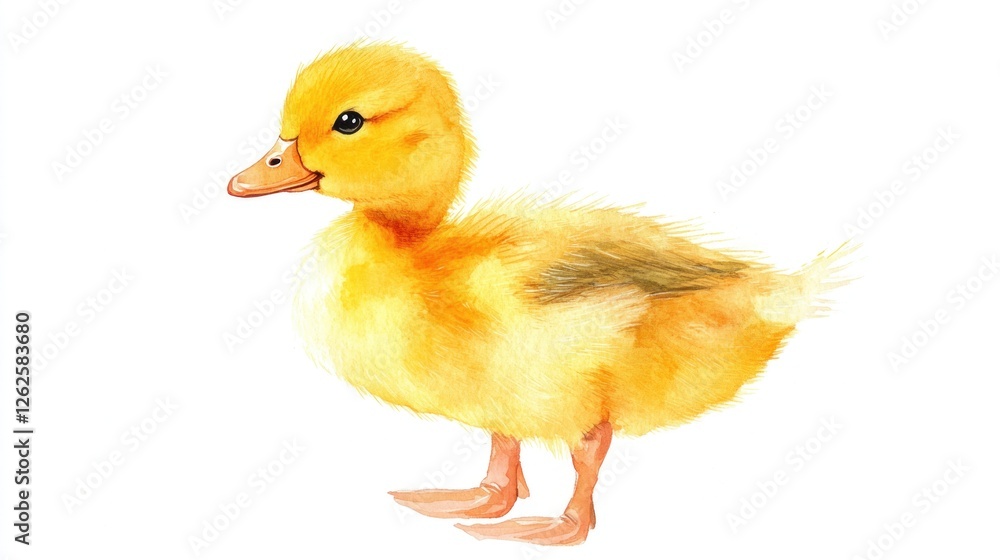 Fototapeta premium Cute yellow duckling, watercolor painting, white background, baby animal