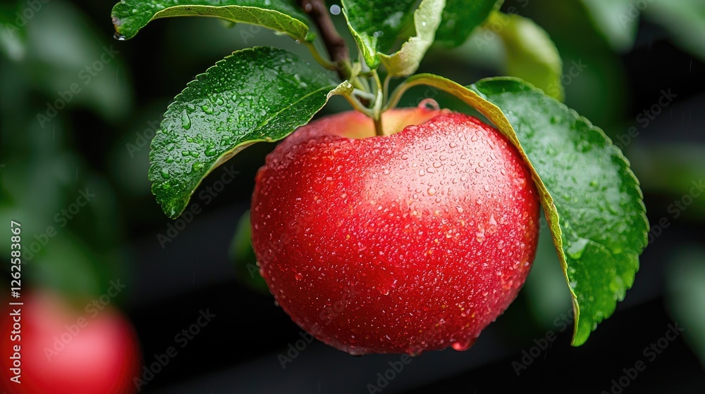 Obraz premium Red apple on branch, orchard background, fresh fruit (1)