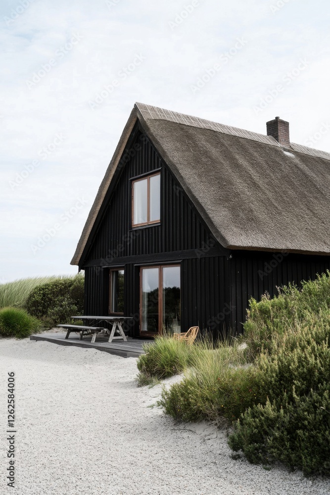 Nestled in nature close to the coast, this stunning black rustic house features a charming thatched roof and a winding gravel pathway, all set against a backdrop of moody clouds Nestled in nature close to the coast, this stunning black rustic house features a charming thatched roof and a winding gravel pathway, all set against a backdrop of moody clouds