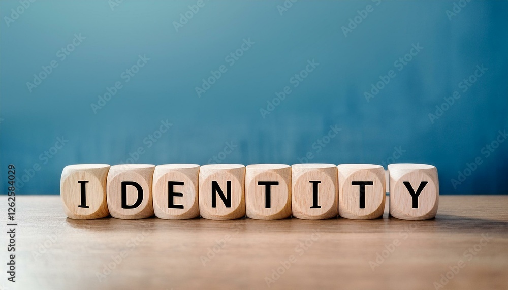 個性を意味する英単語のIdentityの文字が書かれた木製のキューブブロックが横に並んでいる。背景は病院のイラスト。aiで生成	