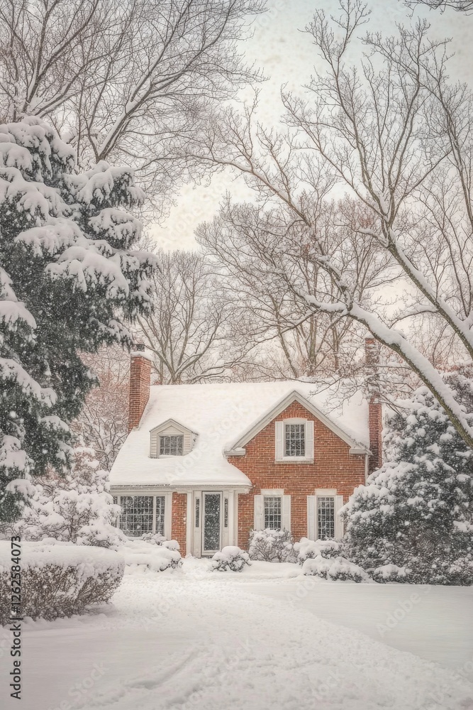 Snow blankets a charming red brick house surrounded by frosted trees and serene winter beauty during a quiet snowy afternoon Snow blankets a charming red brick house surrounded by frosted trees and serene winter beauty during a quiet snowy afternoon