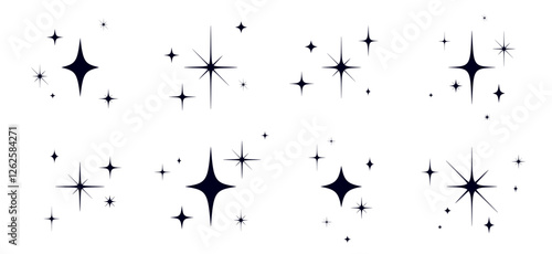 Stars set, sparkle icons collection. Set star abstract shapes. Template for design poster, card, banner. Vintage graphic set of star, light rays. Hand drawn design elements. Vector Illustration