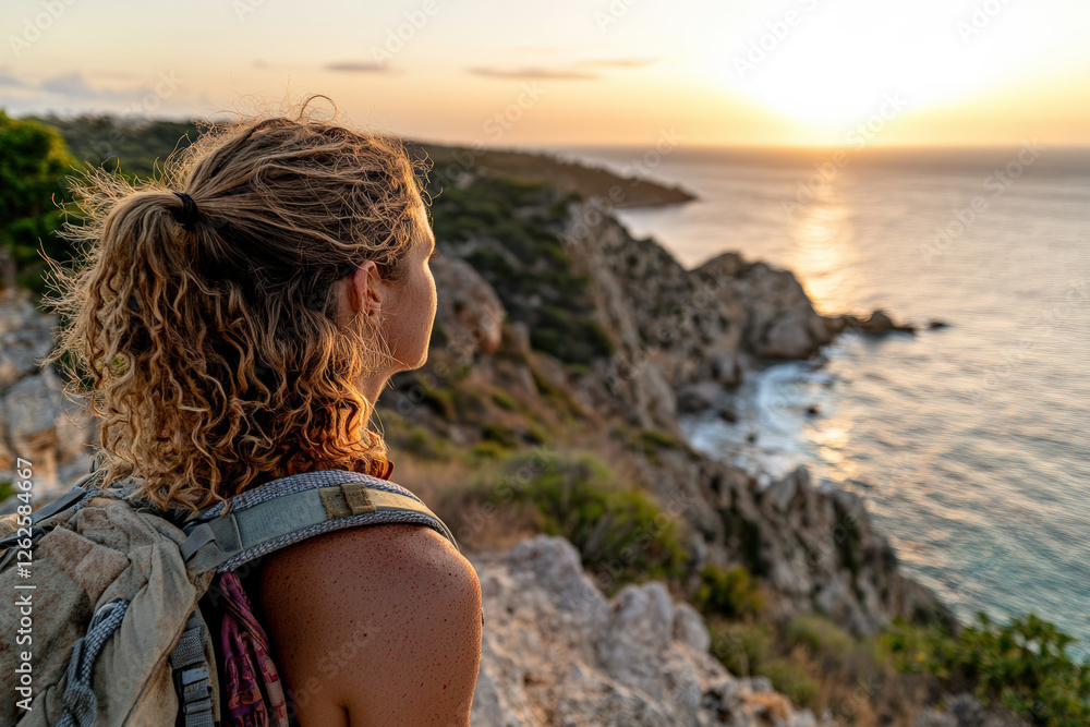 Adventurer Watching Sunset Over Ocean Adventurer Watching Sunset Over Ocean