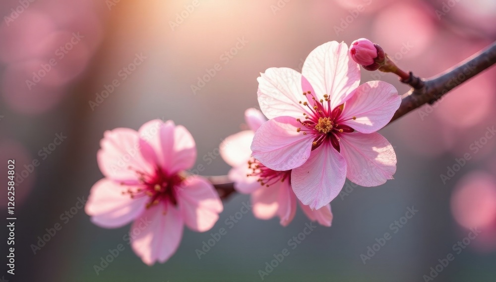 Delicate pink cherry blossoms on a branch, soft sunlight , delicate, close-up, branch Delicate pink cherry blossoms on a branch, soft sunlight , delicate, close-up, branch