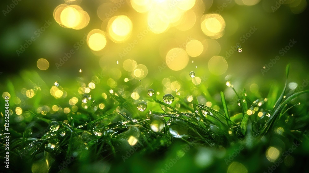 Obraz premium Dewdrops on Grass, Sunrise, Nature, Peaceful