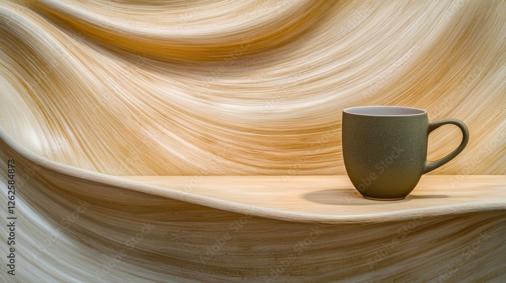 Beige wood display, coffee cup on shelf, abstract waves background Beige wood display, coffee cup on shelf, abstract waves background