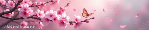 Delicate pink sakura branches,fluttering butterflies , pink, nature