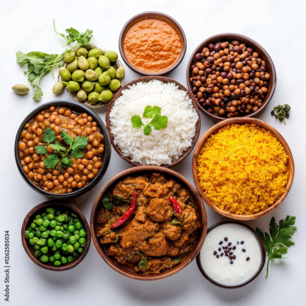 Delicious Bengali food spread on table featuring rice, pulses, meat, and various vegetables, showcasing vibrant colors and rich textures Delicious Bengali food spread on table featuring rice, pulses, meat, and various vegetables, showcasing vibrant colors and rich textures