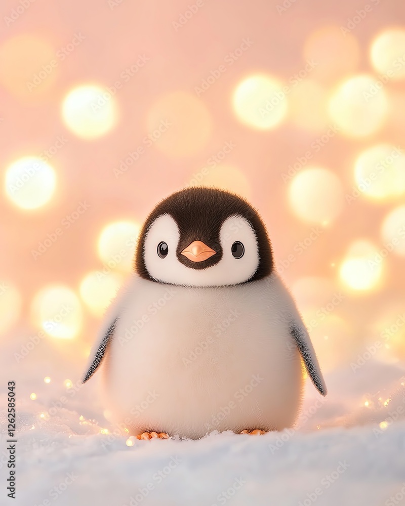 Fototapeta premium A cute baby penguin stands on soft snow, surrounded by shimmering lights, capturing the essence of winter charm.