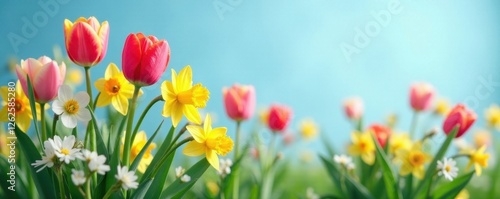 Delicate tulips and daffodils bloom vibrantly against a serene blue backdrop , meadow, floral, yellow