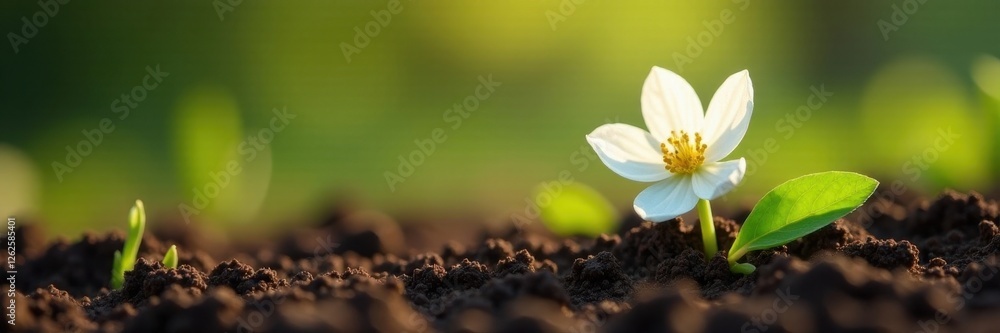Delicate white blossoms emerge from rich brown soil , image, photography, environment Delicate white blossoms emerge from rich brown soil , image, photography, environment