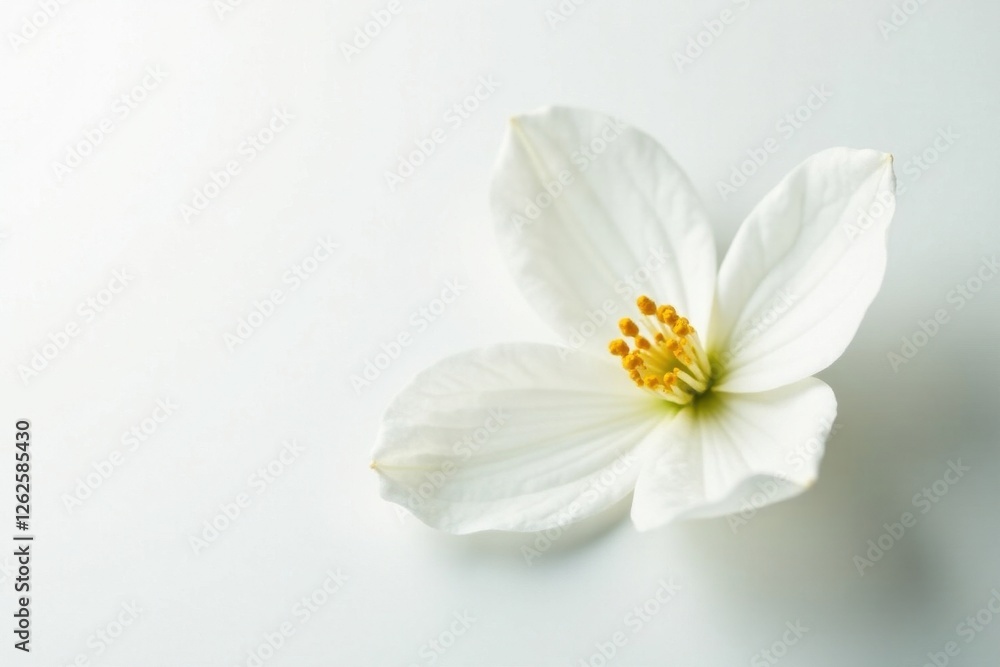 Obraz premium Delicate white blossom, petals softly curved, pure white background, delicate, purity