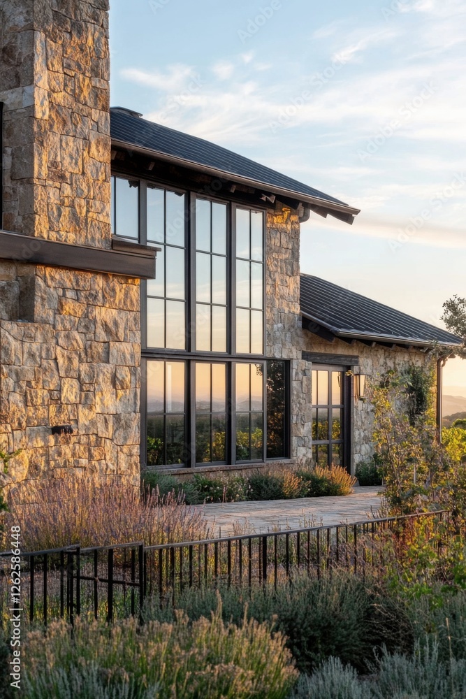 A contemporary stone house featuring expansive windows that provide stunning views of a picturesque landscape bathed in the warm glow of sunset