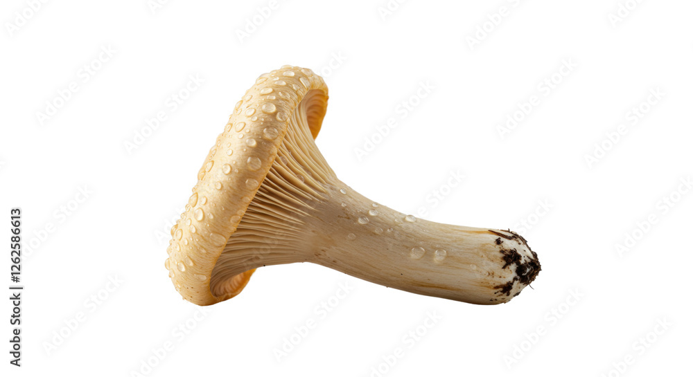 Fototapeta premium Close-up of a fresh, unblemished chanterelle mushroom with visible texture and moisture, isolated on a clean background