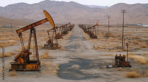 Desert oil pumps, row of rusty rigs, dry barren landscape, abandoned oil field