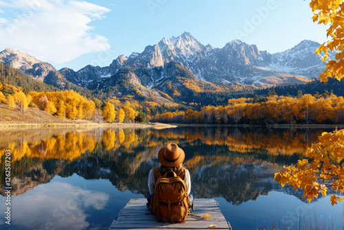 Traveler Enjoying Autumn Mountain Reflection  photo