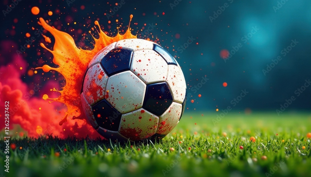 Naklejka premium Dynamic soccer ball with vibrant splatter paint design , illustration, speed