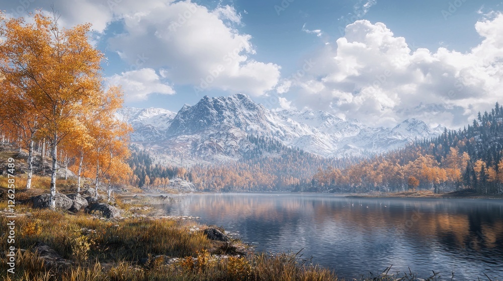 Fototapeta premium Autumnal mountain lake, golden trees reflect in calm water, snowy peaks