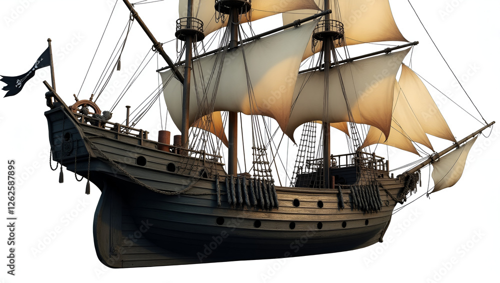 Naklejka premium Ghostly Pirate Ship: Mysterious Abandoned Vessel with Tattered Sails.