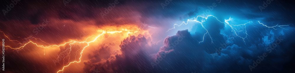 Fototapeta premium Dramatic thunderstorm with vibrant orange and blue lightning illuminating dark clouds. intense atmosphere evokes sense of power and awe in nature fury