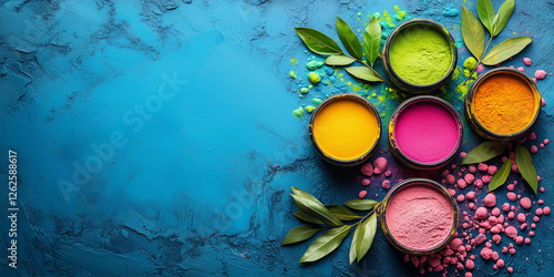 Holi festival vibrant color powders with space for text, symbolizing joy, tradition, and eco-friendly celebrations