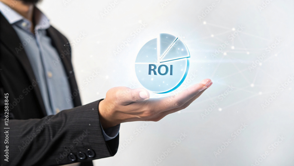 Obraz premium Businessman Holding Digital ROI Chart for Financial Growth and Investment Analysis