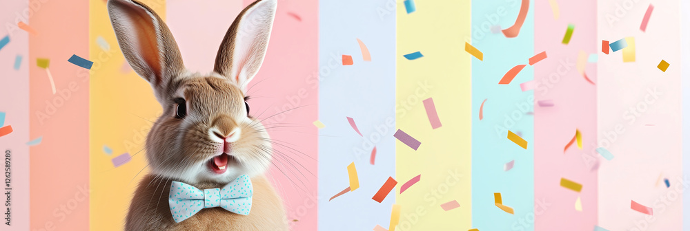 Obraz premium Happy rabbit wearing bow tie on striped pastel background with confetti. Celebrating Easter.