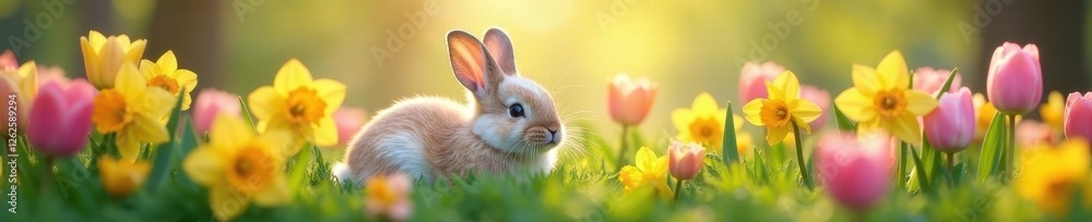 Fototapeta premium Fluffy bunnies nestled in tulips, daffodils, and hyacinths , picture, brown