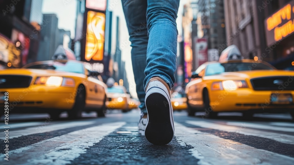 Obraz premium Low-angle close-up view of a person's feet walking on a city street in Midtown Manhattan.