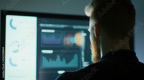 A focused individual with a beard is analyzing graphs and charts displayed on a computer screen in a dimly lit room. photo