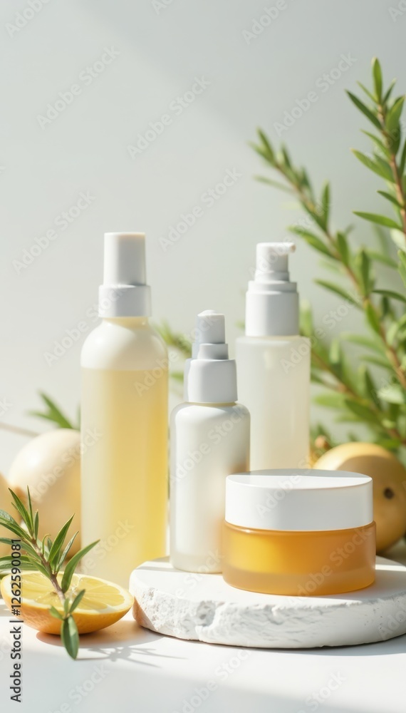 Herbal infused skincare products, pristine white backdrop, simple, plant Herbal infused skincare products, pristine white backdrop, simple, plant