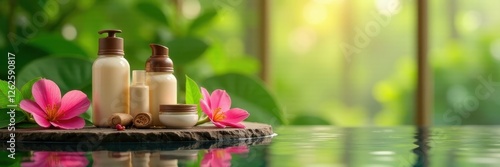 Luxurious herbal cosmetics, calming spa setting, herbal cosmetics, serene