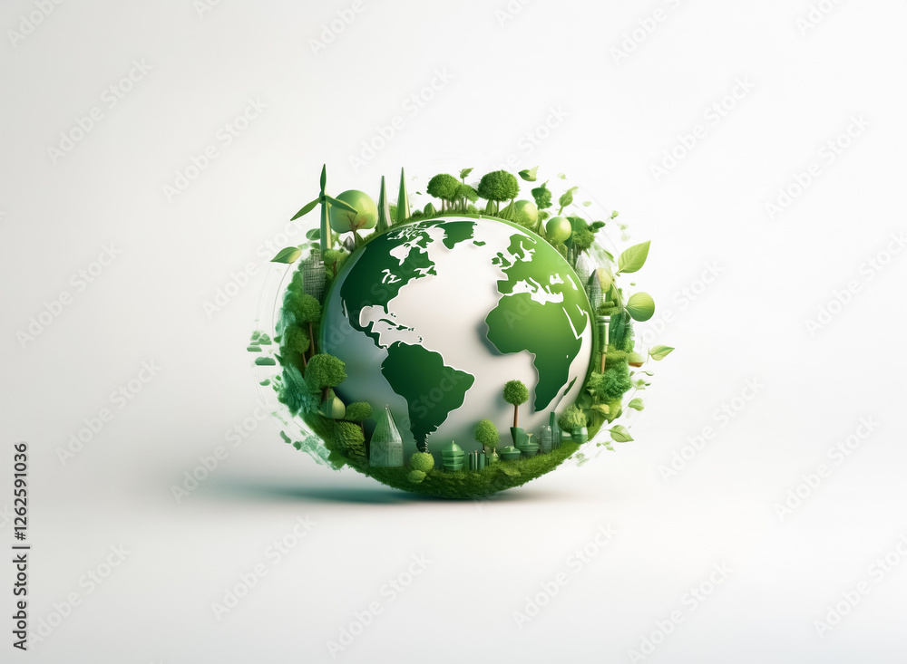 A verdant globe showcases ecological harmony, adorned with lush trees and wind turbines, symbolizing sustainable energy and a thriving environment. A verdant globe showcases ecological harmony, adorned with lush trees and wind turbines, symbolizing sustainable energy and a thriving environment.