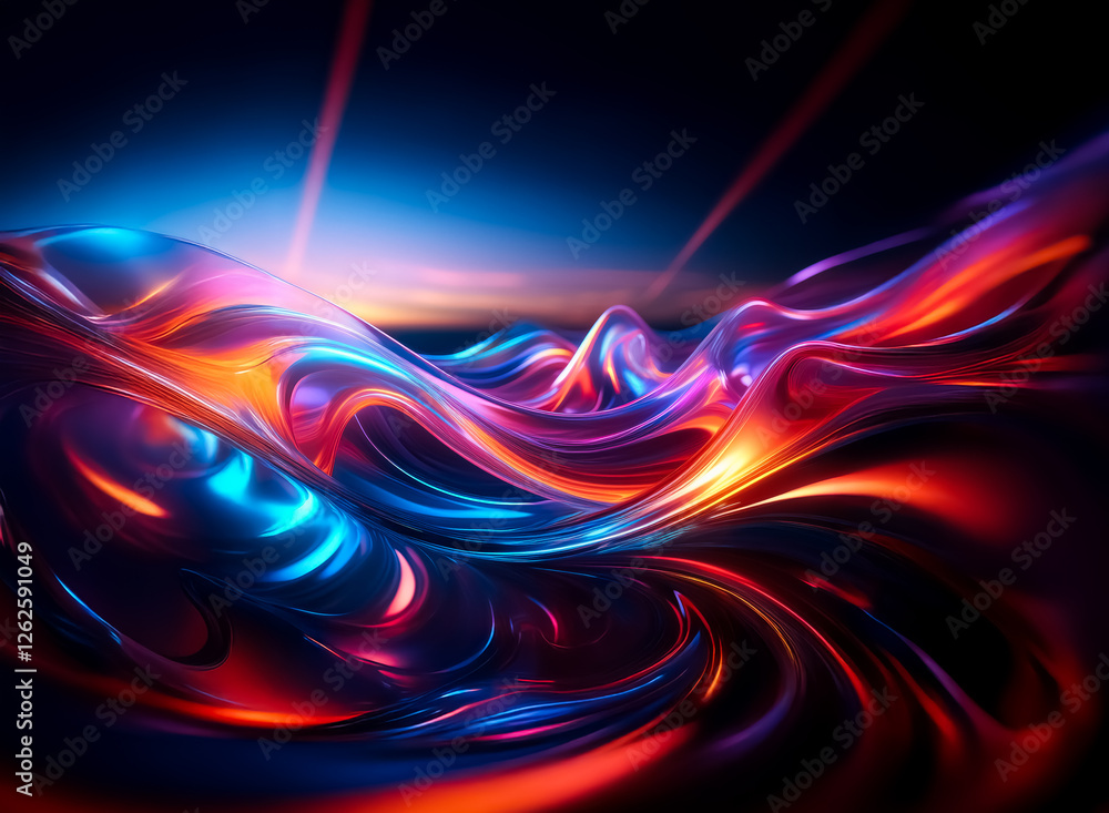 Naklejka premium Abstract flowing waves of vibrant light in dynamic colors of blue, red, and orange. Creates movement, energy, and a luminous, modern feel.