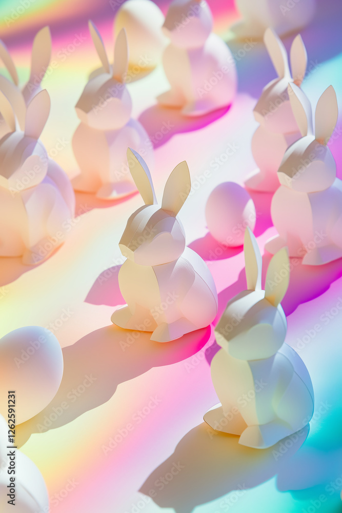 Fototapeta premium White rabbit figures made of paper in rainbow light. Folded paper bunnies casting colorful shadows. Celebrating Easter.