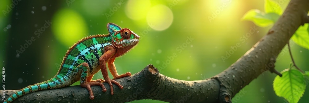 Fototapeta premium Chameleon on slender tree trunk, dappled sunlight, trunk, closeup, texture