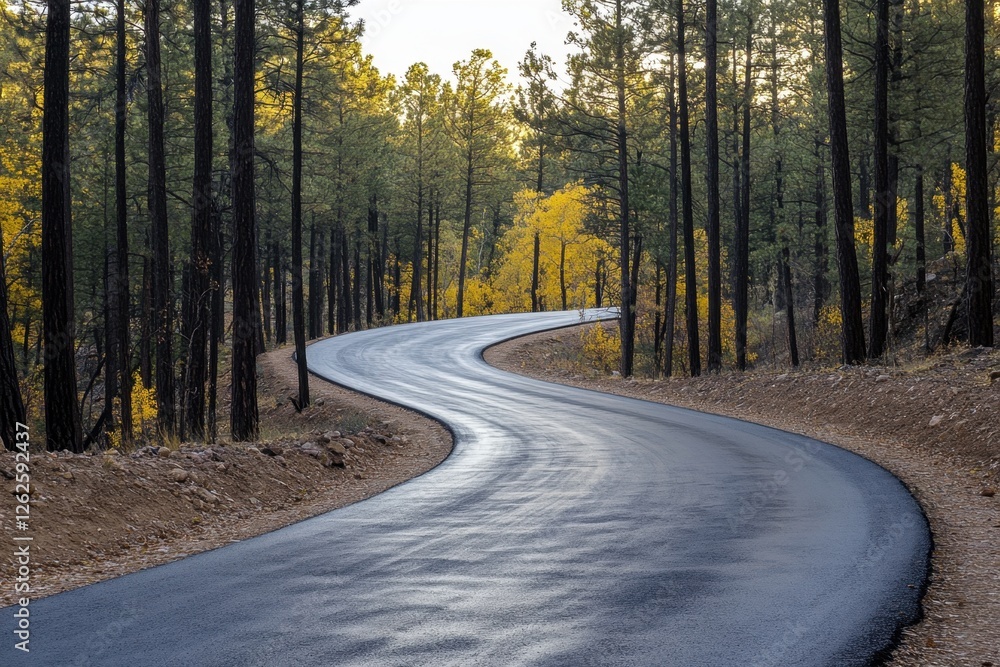 Fototapeta premium Freshly paved concrete road winding through autumn landscape scenic nature view peaceful environment inviting pathway captivating journey