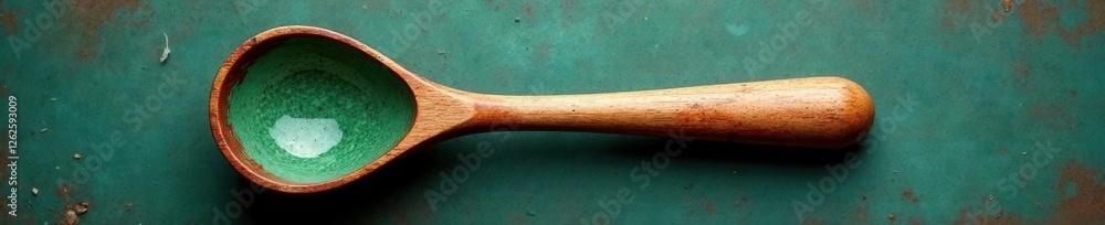 Green speckled ladle, wood handle Rustic kitchen utensil , ingredient, ladle, equipment
