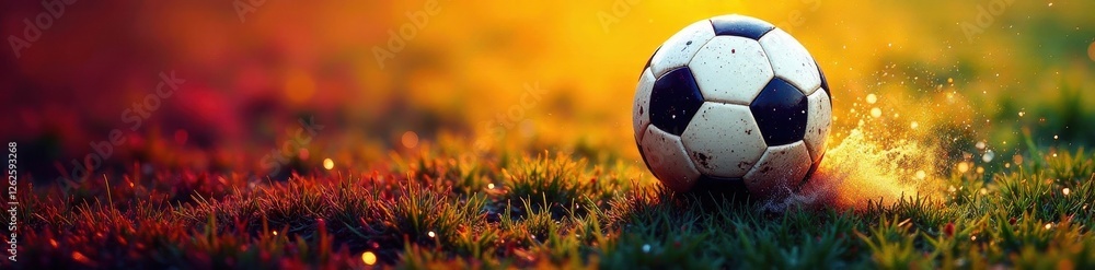 Fototapeta premium Grunge textured soccer ball mid-air, dynamic motion , game, sport equipment