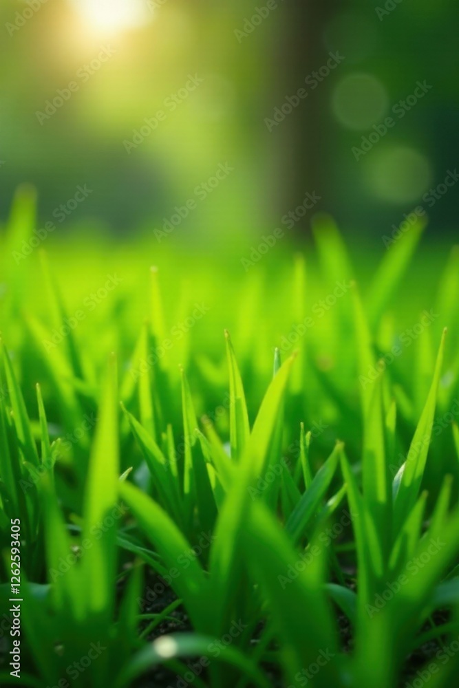 Fototapeta premium Hand gently touching lush green grass blades in garden center , blade, fresh