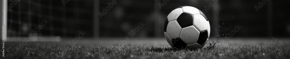 Naklejka premium High-contrast black & white shot of soccer ball impacting net; copy space available, football, movement