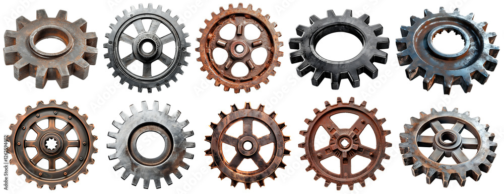 Set of ten industrial metal gears with rust, scratches, and wear, isolated on a dark background. Perfect for steampunk, mechanical, and engineering design projects Set of ten industrial metal gears with rust, scratches, and wear, isolated on a dark background. Perfect for steampunk, mechanical, and engineering design projects