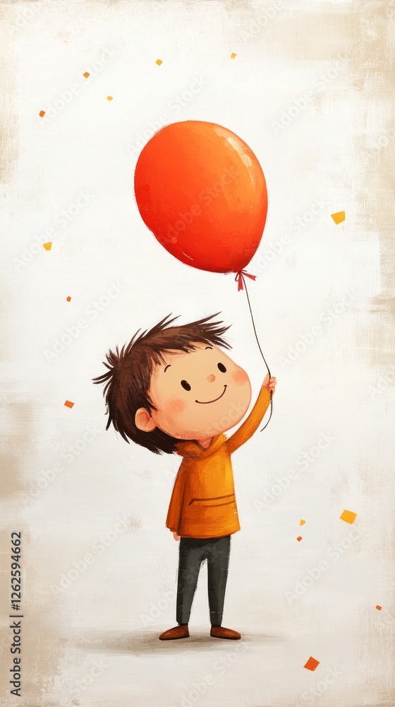 Fototapeta premium A child with brown hair smiles widely while holding a red balloon in a light-colored environment, surrounded by little confetti pieces of joy