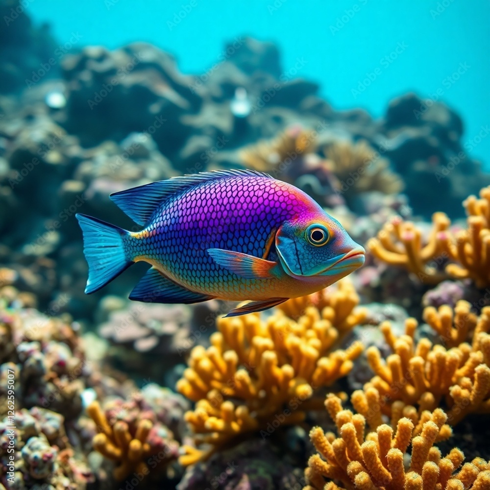 High-resolution stock photo A vibrant sea fish, scales shimmering, swims gracefully amidst a coral reef teeming with life. High-resolution stock photo A vibrant sea fish, scales shimmering, swims gracefully amidst a coral reef teeming with life.