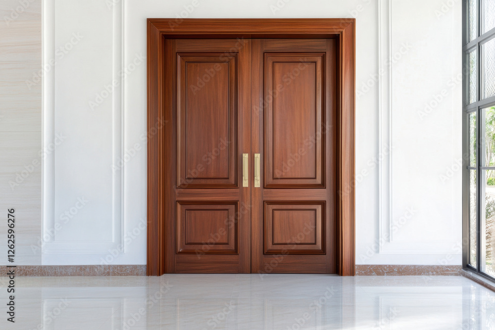 Elegant double leaf interior door in minimalist setting, showcasing rich wood grain and sleek handles, perfect for modern homes Elegant double leaf interior door in minimalist setting, showcasing rich wood grain and sleek handles, perfect for modern homes