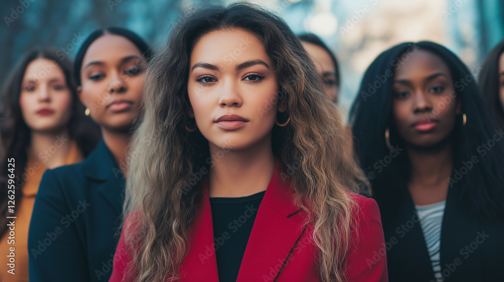 Obraz premium A diverse group of women in professional attire stands together, exuding confidence and empowerment